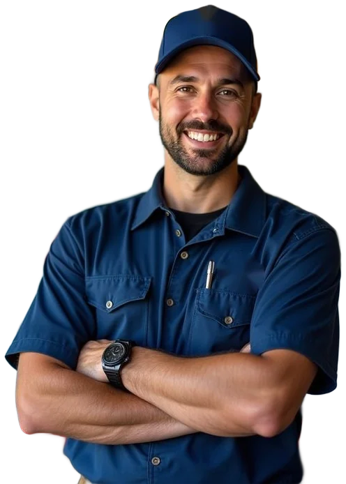 Smiling plumber in a navy uniform with arms crossed