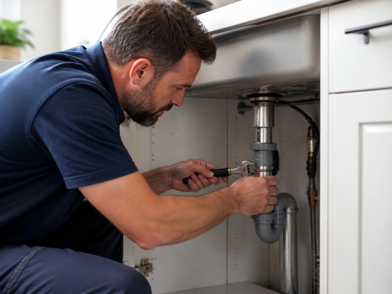 Plumber repairing a pipe under a sink